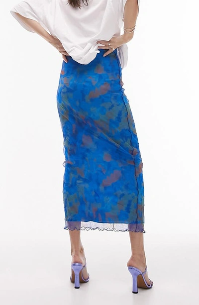 Topshop Abstract Print Mesh Midi Skirt In Medium Blue