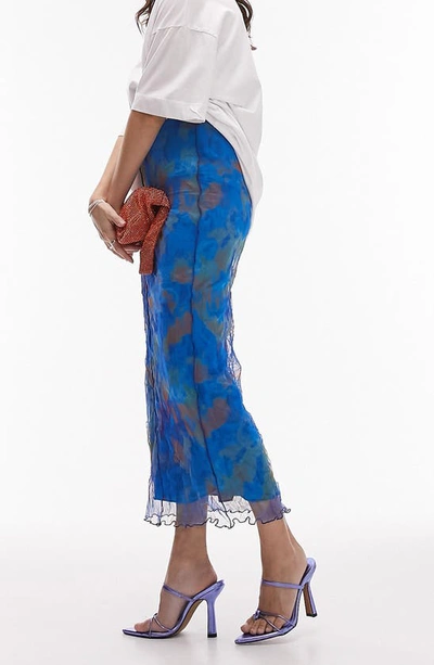 Topshop Abstract Print Mesh Midi Skirt In Medium Blue