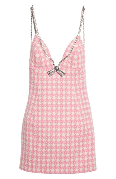 Shop Area Deco Crystal Bow Houndstooth Wool & Cotton Minidress In Pink Multi