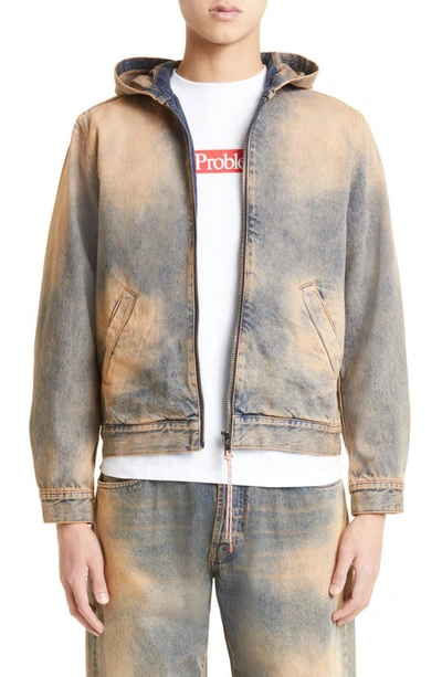 Shop Aries Logo Acid Wash Hooded Denim Jacket In Pch Peach