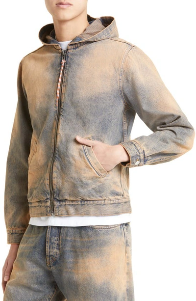 Shop Aries Logo Acid Wash Hooded Denim Jacket In Pch Peach