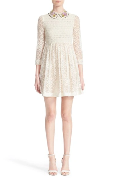 Shop Red Valentino Smocked Bodice Lace Dress In Ivory