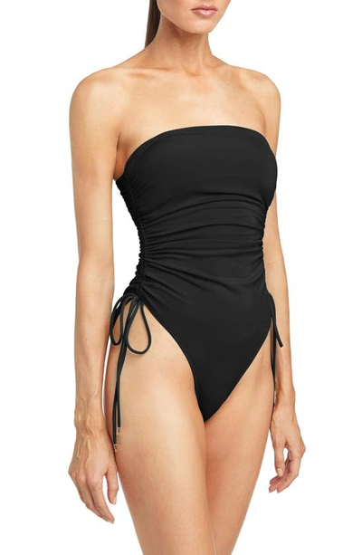 Shop Robin Piccone Aubrey Strapless Cinched One-piece Swimsuit In Black