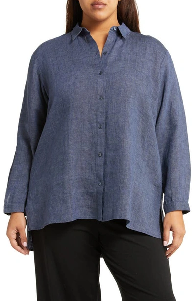 Shop Eileen Fisher Organic Linen Long Sleeve Button-up Shirt In Dusk