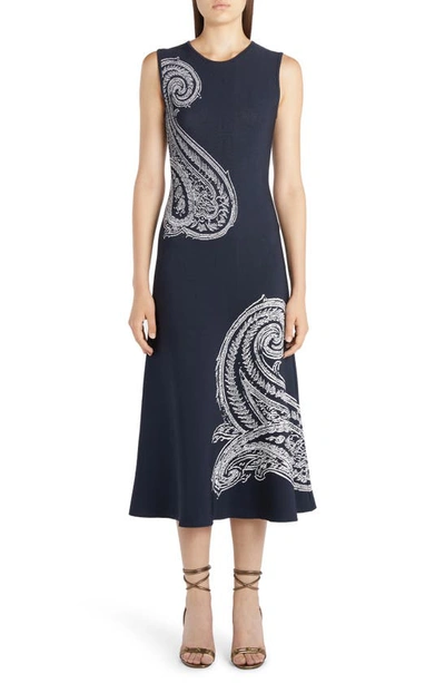 Shop Etro Paisley Jacquard Sleeveless Midi Dress In Navy