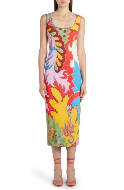 Shop Etro Floral Paisley Scoop Neck Stretch Cotton Sheath Dress In Red