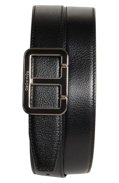 Shop Tom Ford Scored Buckle Goatskin Leather Belt In Black