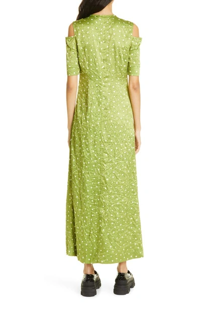 Shop Ganni Cold Shoulder Crinkled Satin Maxi Dress In Going Green