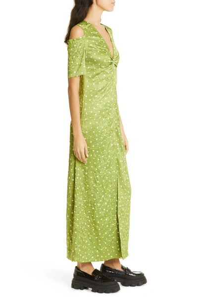 Shop Ganni Cold Shoulder Crinkled Satin Maxi Dress In Going Green