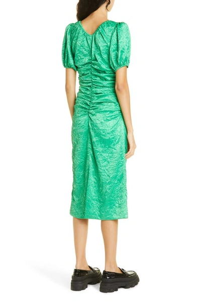 Shop Ganni Ruched Crinkle Satin Midi Dress In Bright Green