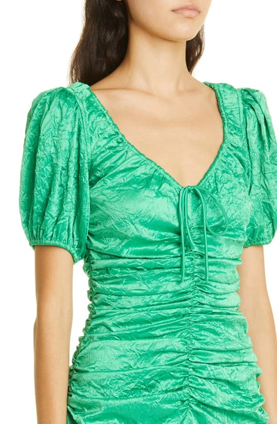Shop Ganni Ruched Crinkle Satin Midi Dress In Bright Green