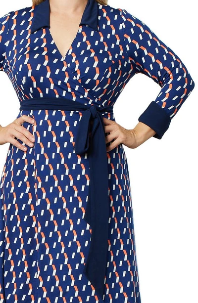 Shop Kiyonna Sophisticate Long Sleeve Wrap Dress In Navy Geo Print