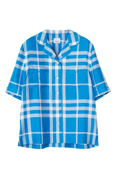 Shop Burberry Tierney Check Silk Camp Shirt In Vivid Blue Ip Check