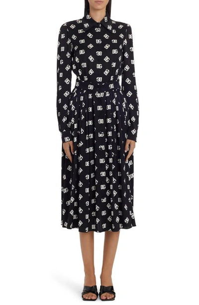 Shop Dolce & Gabbana Pleated Monogram Logo Long Sleeve Stretch Silk Charmeuse Midi Dress In Black