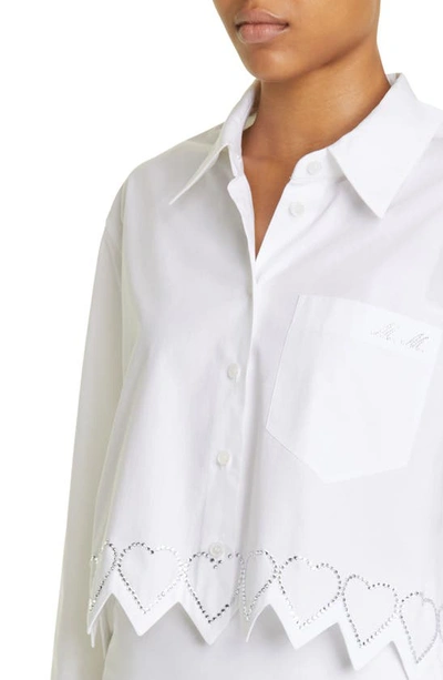 Shop Mach & Mach Crystal Heart Trim Crop Cotton Button-up Shirt In White