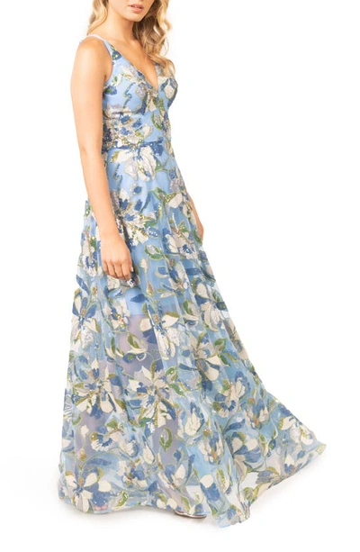 Dress The Population Ariyah Floral Sequin Gown In Sky Blue Multi