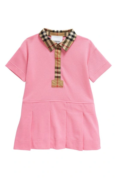 Shop Burberry Kids' Sigrid Pleated Check Trim Piqué Polo Dress In Bubblegum Pink