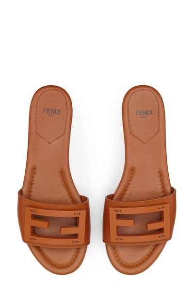 Shop Fendi Signature Logo Slide Sandal In Brown