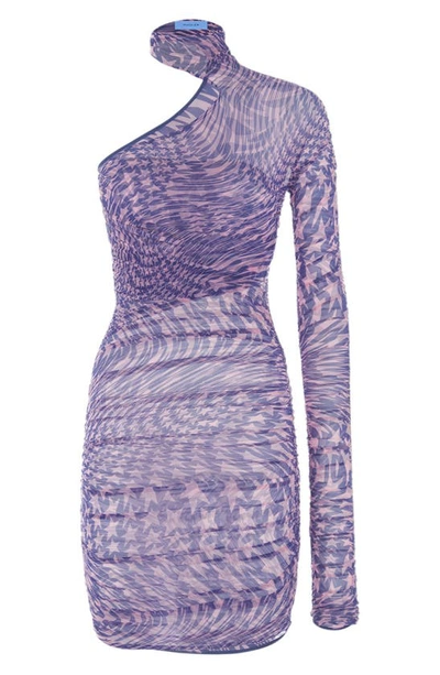 Shop Mugler Icon Star One-shoulder Cutout Ruched Mesh Body-con Dress In Star Ultraviolet/ Pink