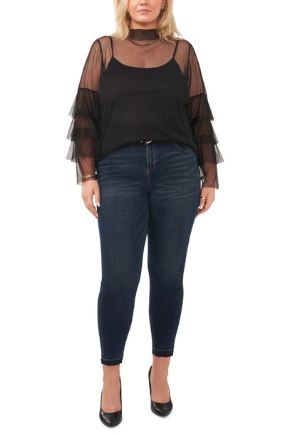 Shop Vince Camuto Tiered Sleeve Mesh Top In Rich Black