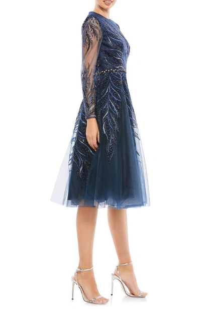 Shop Mac Duggal Embellished Long Sleeve Fit & Flare Midi Cocktail Dress In Twilight
