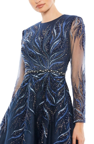 Shop Mac Duggal Embellished Long Sleeve Fit & Flare Midi Cocktail Dress In Twilight