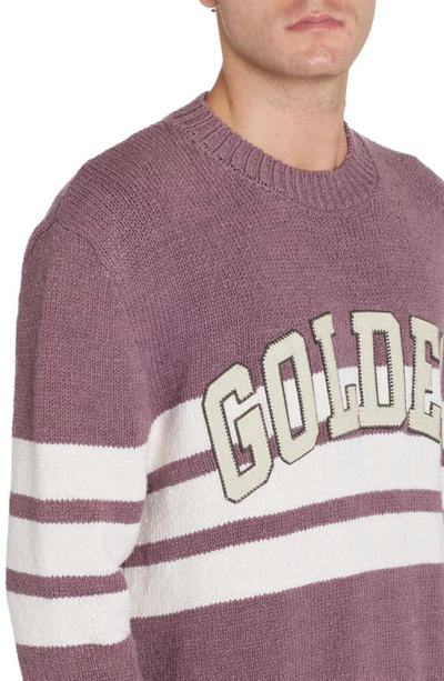 Shop Golden Goose Regular Fit Stripe Logo Patch Linen Blend Sweater In Purple/ White