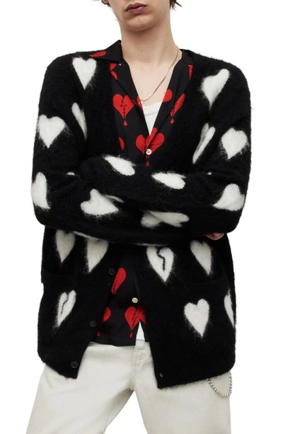Shop Allsaints Amore Fuzzy Heart Cardigan In Black/ White
