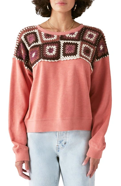 Shop Lucky Brand Crochet Yoke Cotton Sweatshirt In Canyon Rose
