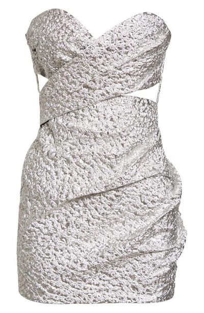 Shop Aknvas Cindi Metallic Textured Strapless Dress In Silver