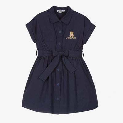 Shop Moschino Kid-teen Girls Navy Blue Cotton Teddy Logo Shirt Dress