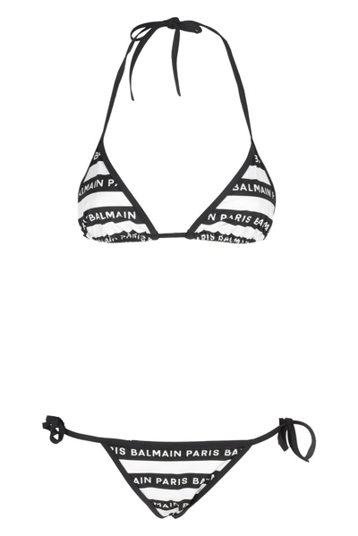 Shop Balmain Logo Printed Bikini Set In White