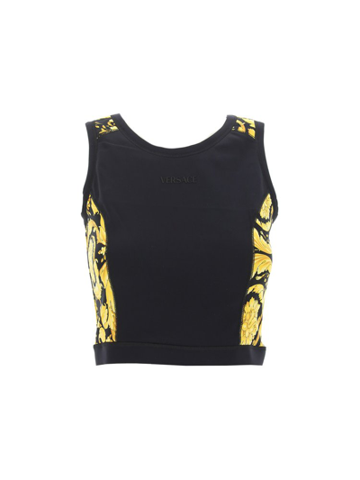 Shop Versace Logo Detailed Crewneck Cropped Sports Top In Black