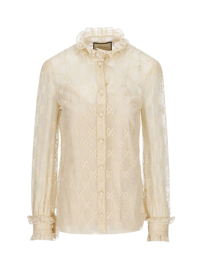 Shop Gucci Frilled High Neck Monogram Lace Blouse In White
