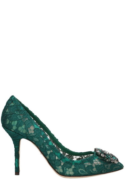 Shop Dolce & Gabbana Taormina Lace Embellished Pumps In Green