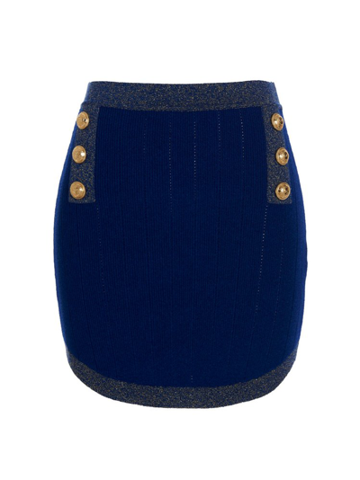 Shop Balmain Button Detailed Knitted Mini Skirt In Blue