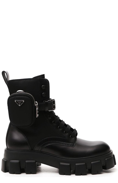 Shop Prada Strapped Pouch Combat Boots In Black