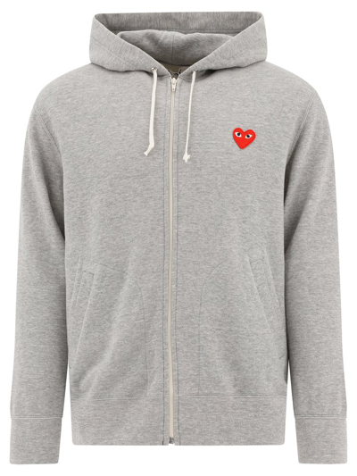 Shop Comme Des Garçons Play Logo Patch Zipped Hoodie In Grey