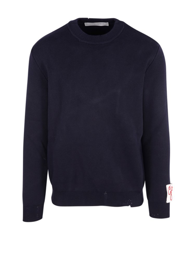 Shop Golden Goose Deluxe Brand Logo Patch Knitted Jumper In Navy