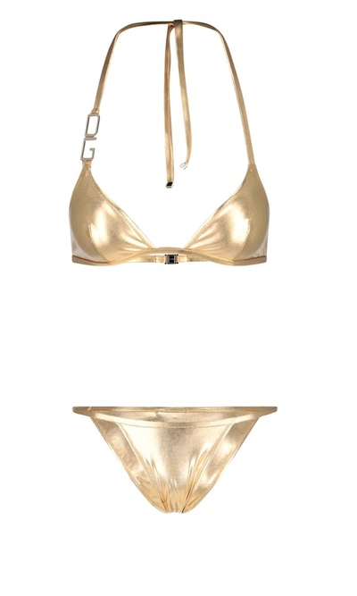 Shop Dolce & Gabbana Logo Plaque Halterneck Bikini Set In Gold