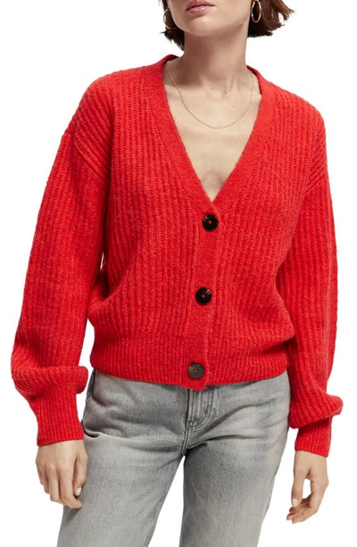 Shop Scotch & Soda Blouson Sleeve Ribbed Cardigan In Electric Red