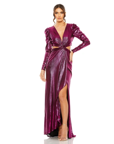 Shop Mac Duggal Princess Sleeve Cut Out Metallic Gown In Fuchsia