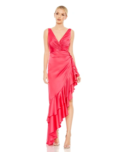 Shop Mac Duggal Asymmetrical Ruffled Hem V Neck Dress - Final Sale In Hot Pink