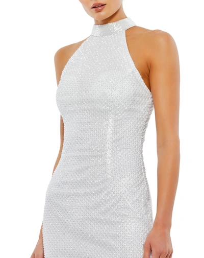 Shop Mac Duggal Hand Embellished Halter Neck Midi Sheath Dress In White
