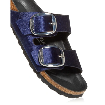 Shop Birkenstock Arizona Big Buckle Rivet Logo  Womens Leather Velvet Slide Sandals In Blue