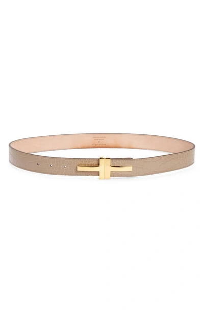 Shop Tom Ford Double T Croc Embossed Calfskin Leather Belt In Warm Taupe