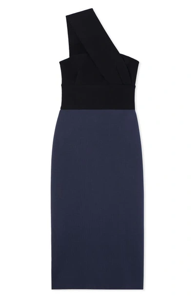 St John Bi-color Milano Knit One-shoulder Midi Dress In Navy/ Black