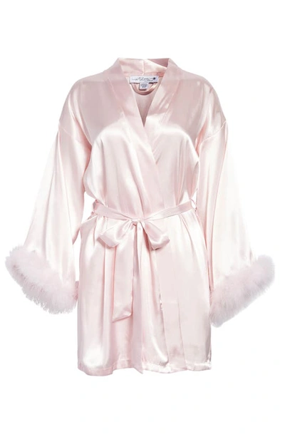 Shop In Bloom By Jonquil Feather Trim Satin Robe In Powder Puff Pink