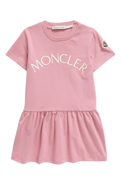 Shop Moncler Kids' Embroidered Logo Short Sleeve Dress In Pink