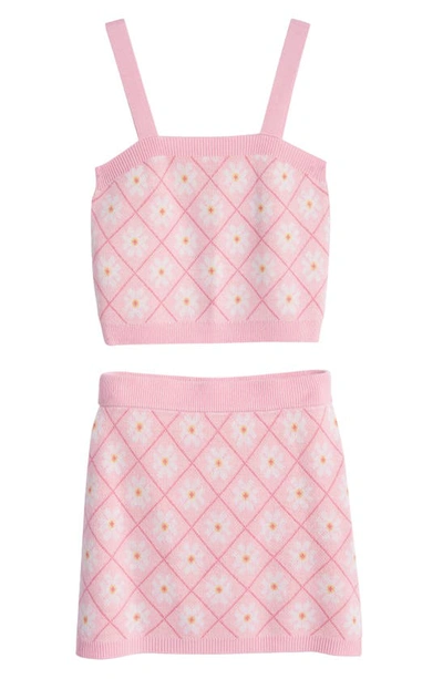 Shop Freshman Kids' Jacquard Daisy Knit Camisole & Skirt Set In Pink Daisy Combo